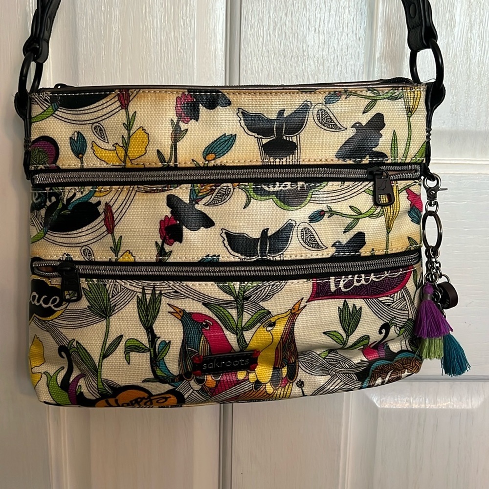Sakroots Cream Crossbody Bag with Multicolor Bird & Floral Print